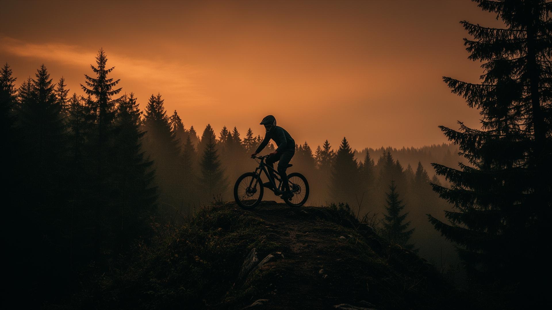 Mountain biker on a forest ridge at dusk